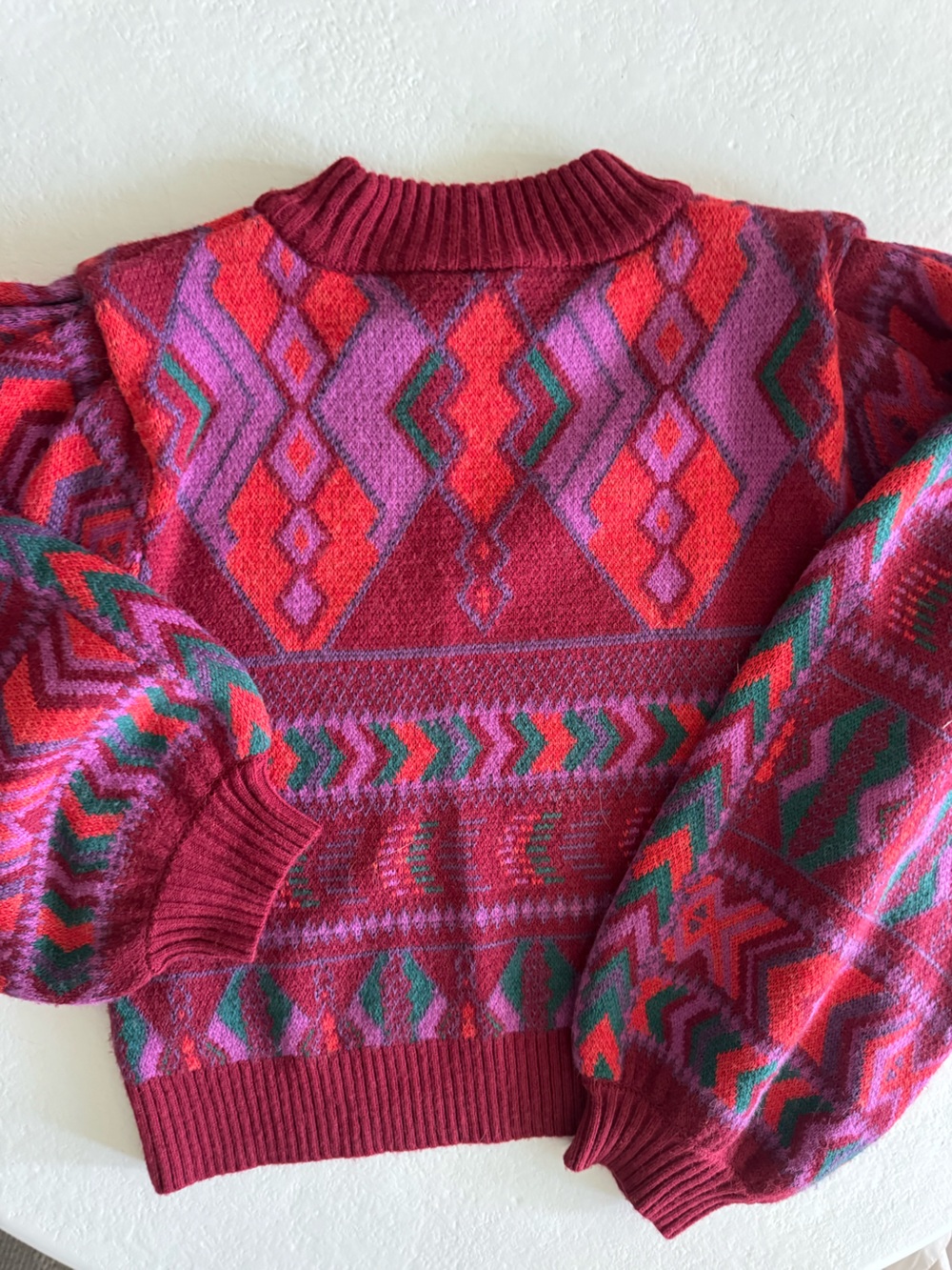 FARM Rio Burgundy Red Pink & Green Geometric Knit Sweater - Picture 2 of 3